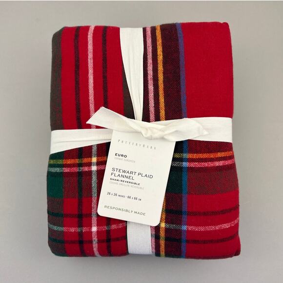 Pottery Barn EURO Stewart Plaid Flannel Reversible Comforter Sham Red NWT - Picture 1 of 6